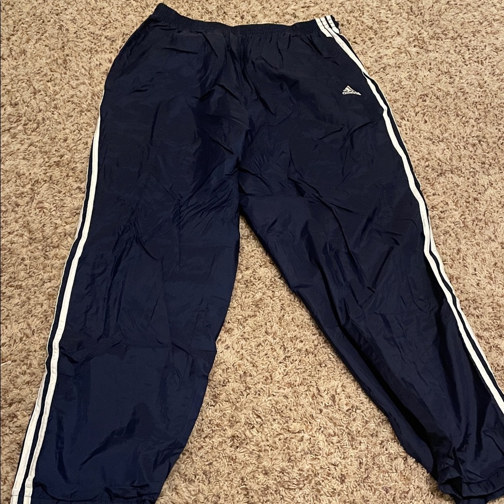 Adidas Men’s Navy Joggers with White Stripes Sz 2XL Side snaps all the way down